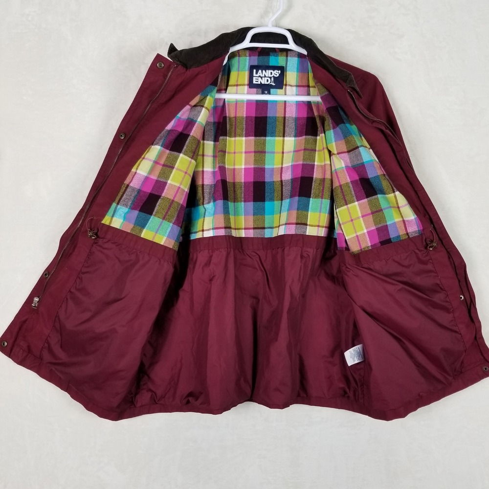 Lands' End Barn Jacket Women 1X Burgundy Plaid Lined Corduroy Trim Utility - Picture 3 of 10